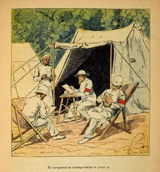 A Guerra em Madagáscar - História das Expedições Francesas de 1885-1895 por Henri Galli dit Galllichet (1854-1922), ilustrada por Louis Bombled (1862-1927): Um acampamento de correspondentes de jornais em Madagáscar em 1895, Coleção Particular