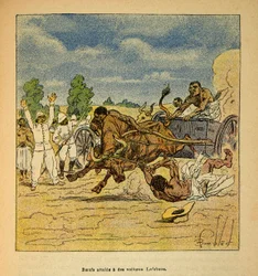 A Guerra em Madagáscar - História das Expedições Francesas de 1885-1895 por Henri Galli dit Galllichet (1854-1922), ilustrada por Louis Bombled (1862-1927): Boeufs alcançados pelos carros Lefebvre, Coleção Particular