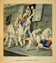 A Guerra em Madagáscar - História das Expedições Francesas de 1885-1895 por Henri Galli dit Galllichet (1854-1922), ilustrada por Louis Bombled (1862-1927): Desembarque para Argel em 1895 das tropas doentes do navio hospital "Shamrock" de Ma