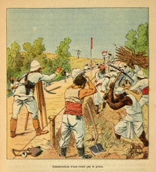 A Guerra em Madagáscar - História das Expedições Francesas de 1885-1895 por Henri Galli dit Galllichet (1854-1922), ilustrada por Louis Bombled (1862-1927): Construção de uma estrada em Madagáscar pelo Génio em 1895, Colecção Privada