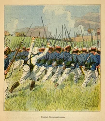 A Guerra em Madagáscar - História das Expedições Francesas de 1885-1895 por Henri Galli dit Galllichet (1854-1922), ilustrada por Louis Bombled (1862-1927): Tropas francesas durante as batalhas de Antanamitarana em 1895, coleção particular