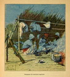 A Guerra em Madagáscar - História das Expedições Francesas de 1885-1895 por Henri Galli dit Galllichet (1854-1922), ilustrada por Louis Bombled (1862-1927): Campo de Argelinos em Madagáscar em 1895, Coleção Particular
