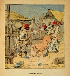 A Guerra em Madagáscar - História das Expedições Francesas de 1885-1895 por Henri Galli dit Galllichet (1854-1922), ilustrada por Louis Bombled (1862-1927): Pilhagem de Tirailleurs em Fazendas, Coleção Privada