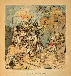A Guerra em Madagáscar - História das Expedições Francesas de 1885-1895 por Henri Galli dit Galllichet (1854-1922), ilustrada por Louis Bombled (1862-1927): Retiro das Hovas em Andriba, Colecção Privada