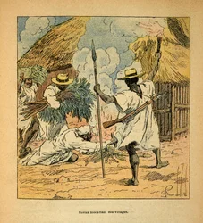 A Guerra em Madagáscar - História das Expedições Francesas de 1885-1895 por Henri Galli dit Galllichet (1854-1922), ilustrada por Louis Bombled (1862-1927): Hovas queimando aldeias, Colecção Privada