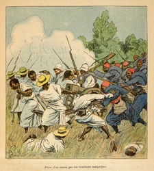 A guerra em Madagáscar - História anedótica das expedições francesas de 1885-1895 por Henri Galli dit Galllichet (1854-1922), ilustrada por Louis Bombled (1862-1927): O malgaxe apreendeu um canhão durante as batalhas de Ambolomonty em 1895, Coleção Privada