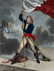Napoleão Bonaparte durante a batalha da ponte de Arcole (Arcola), novembro de 1796 - o general Buonaparte, comandante-em-chefe do Exército de Itália, finca uma bandeira na ponte de Arcole em 1796 - gravura de Louis Charles Ruotte