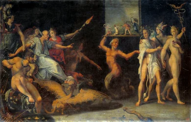 Alegoria à revogação da Edit de Nantes em outubro de 1685 O personagem central representa Basville (homem dragão), pretendente do Languedoc, tirando suas últimas roupas dos Huguenotes. Ele facilitou o estabelecimento de dragonnades destinadas a co