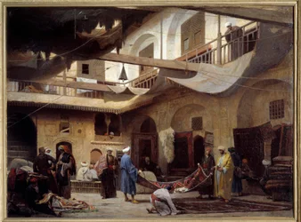 O bazar de tapetes no Khan-Khabil, no Cairo, em 1866. Pintura de Louis Claude Mouchot (1830-1891)