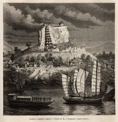 Uma rocha com palco pagode, e vários barcos no rio azul (China), gravado após o desenho de L. Delaporte, para ilustrar a viagem de exploração na Indochina de Francis Garnier, tenente de navio, em 1866-1868, publicado em "Le tour du monde