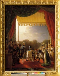 Luís XVIII, rodeado por membros da família real, assistiu à varanda das Tuileries, aquando do regresso do exército de Espanha, em 2 de Dezembro