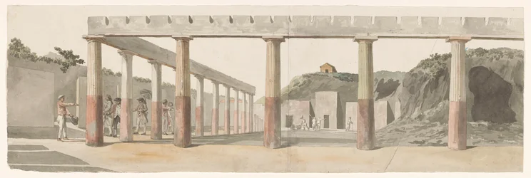 Vista do quartel romano e colunata em Pompeia Vue des Casernes Romaines & de la Colonnade de Pompeja (título no objeto) Voyage en Italy, e Sicile et à Malte - 1778 (título da série)
