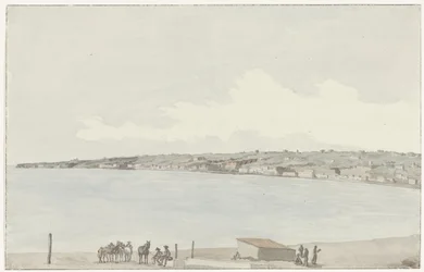 Vista do promontório de Pausilype com o antigo palácio da Rainha Jeanne e o campo de Sannazar a partir da varanda da estalagem
Vue du Promontoire de Pausilype, prise du balcon de notre auberge où se trouvent l