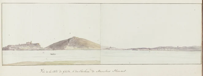Vista da costa de Gaeta e do mausoléu de Munácio Planco (Lucio Munazio Planco). Viagem por Itália, Sicília e Malta - 1778 (título da série)