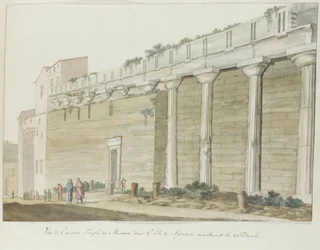 Gezicht op oude Minerva tempel op eiland Syracuse
Vista do antigo Templo de Minerva na Ilha de Siracusa (título sobre o objecto)
Voyage en Italie, en Sicile et à Malte - 1778 (título da série)