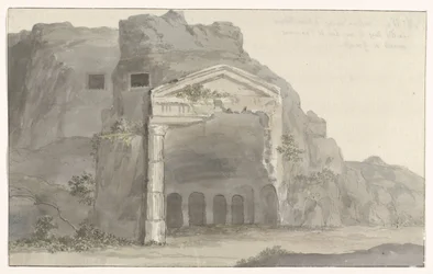 Tumbas com fachada em estilo dórico esculpidas na rocha perto de Siracusa Voyage en Italy, e Sicile et à Malte - 1778 (título da série)