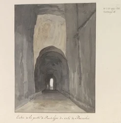 Ingang van grot Crypta Neapolitana (de Grotta di Posillipo) aan de kust van Pozzuoli
Entrada na caverna Pausilype do lado de Pozzuoli (título sobre o objecto)
Viagem a Itália, Sicília e Malta - 1778 (título da série)