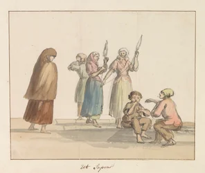 Trajes tradicionais da ilha de Gozo Costume de Ghozo (título no objeto) Voyage en Italy, e Sicile et à Malte - 1778 (título da série)