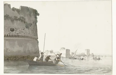 Mosselvissers op Mare Piccolo bij de vestingwerken van Taranto
Pesca de mexilhões no Piccolo de Taranto visto da esquina da Cidadela (título sobre o objecto)
Voyage en Italie, en Sicile et à Malte - 1778 (título da série)