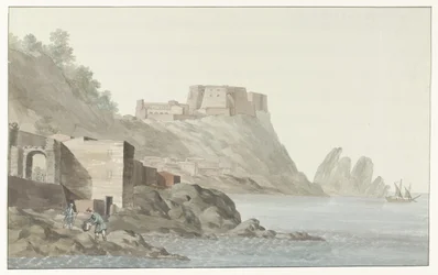 Arrotos na cidade Scilla in de regio Calabrië aan de oostkust Rock & Town of Scilla na Calábria; vista tirada do lado leste (título no objeto) Viagens na Itália, Sicília e Malta - 1778 (título da série)