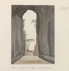 Uitgang van grot Crypta Neapolitana (de Grotta di Posillipo) aan de kust van Pozzuoli Saída da caverna Pausilype perto de Pozzuoli (título no objeto) Viagens na Itália, Sicília e Malta - 1778 (título da série)