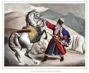 Um tartare e fragmentos do leão de Cheronnee. em "Journey to Athenes and Constantinople, ou coleção de retratos gregos e otomanos, vistas e figurinos, pintados em lugares da natureza, litografias e colórias de Louis Dupre (1789-1837), aluno de Davi