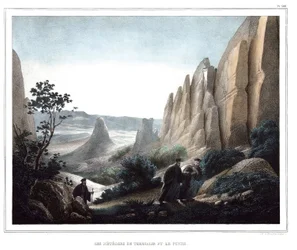 Les meteores de Thessalie et le Pinde (paisagem de penhascos e rochas). em "Journey to Athenes and Constantinople, ou coleção de retratos gregos e otomanos, vistas e figurinos, pintados em lugares de depois da natureza, litografias e colórias de Louis Dupr