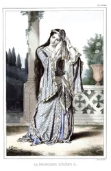 Princesa Helene Soutzo. em "Journey to Athenes and Constantinople, ou coleção de retratos gregos e otomanos, vistas e figurinos, pintados em lugares de depois da natureza, litografias e colórias por Louis Dupre (1789-1837), aluno de David.1825.