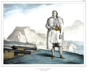 Um Suliote em Corfu, Nicolo Pervoli, em "Journey to Athenes and Constantinople, ou coleção de retratos gregos e otomanos, vistas e figurinos, pintados em lugares depois da natureza, litografias e colórias de Louis Dupre (1789-1837), aluno de David.1825.