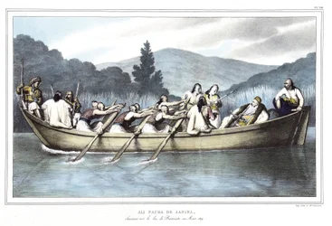 Ali Pasha de Janina (1741-1822), caçando no Lago Butrinto em março de 1819. em "Journey to Athenes and Constantinople, ou coleção de retratos gregos e otomanos, vistas e figurinos, pintados em lugares depois da natureza, litografias e colórias de Louis Dup