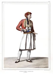 Um açougueiro albanês em Athenes. em "Journey to Athenes and Constantinople, ou coleção de retratos gregos e otomanos, vistas e fantasias, pintados em lugares da natureza, litografias e colórias por Louis Dupre (1789-1837), aluno de David.1825.
