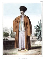 Um armênio. em "Journey to Athenes and Constantinople", ou coleção de retratos gregos e otomanos, vistas e figurinos, pintados em lugares depois da natureza, litografias e colórias de Louis Dupre (1789-1837), aluno de David.1825.