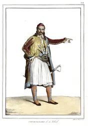 Chef do Palikares de la Scllade, em "Journey to Athenes and Constantinople, ou coleção de retratos gregos e otomanos, vistas e figurinos, pintados em lugares depois da natureza, litografias e colórias de Louis Dupre (1789-1837), aluno de David.1825.