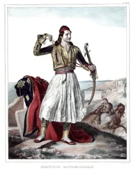 Demetrius Mavromichalis, soldado grego e patriota. em "Journey to Athenes and Constantinople, ou coleção de retratos gregos e otomanos, vistas e figurinos, pintados em lugares da natureza, litografias e colórias de Louis Dupre (1789-1837), aluno de Da