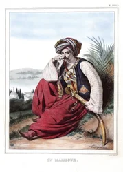 Un mamlouk (Mamluk). em "Journey to Athenes and Constantinople, ou coleção de retratos gregos e otomanos, vistas e figurinos, pintados em lugares depois da natureza, litografias e colórias de Louis Dupre (1789-1837), aluno de David.1825.