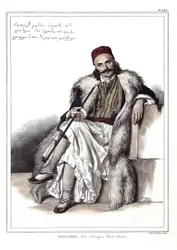 Vasili Gouda, aide de campismo a Marc Botzaris (1788-1823). em "Journey to Athenes and Constantinople, ou coleção de retratos gregos e otomanos, vistas e figurinos, pintados em lugares de depois da natureza, litografias e colórias de Louis Dupre (1789-1837