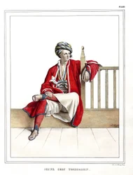Jovem grego tessaliano. em "Journey to Athenes and Constantinople, ou coleção de retratos gregos e otomanos, vistas e fantasias, pintados em lugares depois da natureza, litografias e colórias por Louis Dupre (1789-1837), aluno de David.1825.