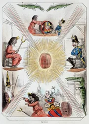 Le tonneau - Litografia, de Theatre des marionnettes du jardin des Tuileries, texto e desenho de Louis Edmond Duranty (1833-1880), Paris