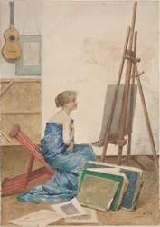 Estúdio de um pintor com um modelo envolto em seda japonesa