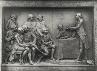 Antoine Laurent Lavoisier (1743-94) explicando a sua análise do ar aos seus colegas (bronze) (foto a p/b)