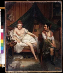 ""Retrato de duas jovens em lingerie, acordando depois de uma noite de amor (?)"" (duas meninas) Pintura de Louis Eugene Bertier (1809-?) Século XIX Museu de Arte Mikhail Kroshitsky, Sevastopol (Sevastopol) Ucrânia