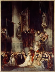 Uma cerimónia na Igreja de Delft. Pintura que representa um casamento na Holanda no século XVI. Pinturas de Louis Gabriel Eugene Isabey (1803-1886)