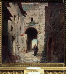 "" La porte Maure "" (O portão mouro) Paisagem da cidade em Marrocos. Pintura de Louis Gabriel Eugene Isabey (1803-1886) 1835 Museu Pushkin, Moscou