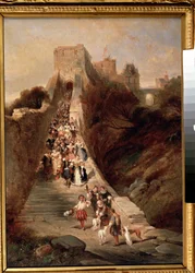"Deixar o castelo" Um grupo de cavalheiros e damas do século XVII descendo a grande escadaria de um castelo. Pintura de Louis Gabriel Eugene Isabey (1803-1886) Museu Pushkin do século XIX, Moscovo