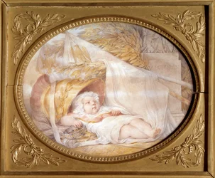 Retrato do Rei de Roma bebe (1811-1832) no capacete de Marte Napoleão II, Duque de Reichstadt, filho do Imperador Napoleão I (1769-1821) recém-nascido. Pedra preta e papel de lava bege de Eugene Isabey (1803-1886) Março 1811 Sol. 0,21x0,26 m Malmaison, mus
