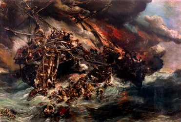 O incêndio da Pintura "Áustria" a vapor de Louis Eugene Isabey (1803-1886) Paris do século XIX, Museu da Marinha