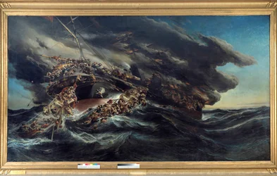 O incêndio do navio naufragado Austria Scene de um navio que os passageiros tentam escapar nos barcos no mar demoníaco. Pintura por Eugene Isabey (1803-1886)