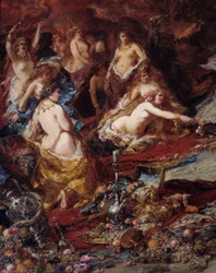 A tentação de Santo Antônio O eremita Santo Antônio o Grande (251-356) está sujeito às tentações do Diabo no deserto. Detalhe. Pintura de Louis Gabriel Eugene Isabey (1803-1886)