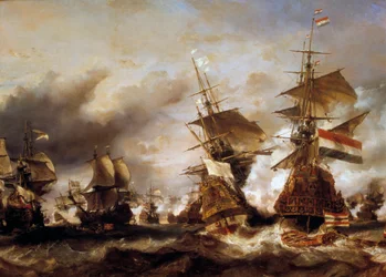 Guerra contra a Liga de Augsburg: "Batalha do Texel em 29/06/1694, vitória de Jean Bart (1650-1702) sobre o esquadrão holandês do Almirante de Friesland" Os franceses apreendem navios holandeses carregados de trigo. Pintura de Louis Gabriel Eugene Isabey (