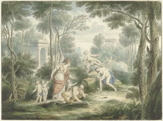 Paisagem Arcadian com Athena coroando um velho e Vênus e Adonis